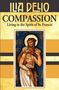 "COMPASSION. Living in the Spirit of St. Francis." Illustration: St. Francis umarmt einen kranken Mann, warmes Farbschema.