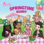 Text: "Springtime Bunny". Illustration von Kindern bei einem Picknick, dekoriert mit Hasenmotiven und Frühlingshüten., Buch
