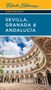 Oben: "SEVILLA, GRANADA & ANDALUCÍA". Darunter ein runder Hof mit verzierten Bögen und einem blauen Himmel.