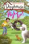 Barker's Doghouse High Five! Ein Junge gibt einem Hund ein High Five. Ein Reifen mit spielenden Hunden hängt an einem Baum.