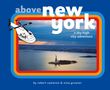 „above new york“ und „a sky-high city adventure“ in Großbuchstaben. Illustration: Hubschrauber über Skyline und Freiheitsstatue., Buch