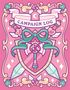 „Campaign Log“ steht auf einem Banner. Illustration: rosa Hintergrund, Schild mit grüner Schleife, Schwertern und Flügeln., Buch