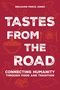TASTES FROM THE ROAD. Logos und Illustrationen von Landkarten, Schüssel mit Nudeln, Teller, und Teller mit Essen.