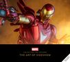 Logo „MARVEL“, Text „COLLECTING THE UNIVERSE: THE ART OF SIDESHOW“. Roter, goldener Superheldenanzug in Aktion., Buch