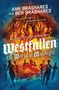 **Westfallen: The World at Midnight**. Jugendliche rennen vor einem brennenden Haus, mit Vögeln und Flammen im Hintergrund.