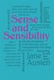 Text aus einem Buch: „Sense and Sensibility“ von Jane Austen. Zitiert: „I could not be happy...“ Illustration in Blau und Rot.