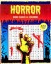 Texte: "HORROR", "WORD SEARCH AND COLORING", "ACTUAL PUZZLE SIZE", unter einem blutroten Hintergrund. Eine gelbe Hand mit schwarzen Konturen ragt hervor., Buch