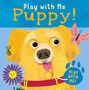 „Play with Me Puppy!“ in gelber Schrift. Illustration eines fröhlichen gelben Hundes mit Schmetterling, Blume und Biene., Buch