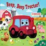 Text: "Beep, Beep Tractor!" und "I SQUEAK!" Illustration eines lächelnden roten Traktors mit Tieren auf einem Bauernhof., Buch