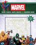 "Marvel Word Search, Quips, Quotes and Coloring Book" in großen Buchstaben. Helden illustrierte Szenen mit Suchrätsel.