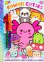 Text: "KAWAII CUTIES", "COLORING AND ACTIVITIES, 4 CONFETTI CRAYONS, & 45+ STICKERS!" 
Illustration: Niedliche Tiere und Süßigkeiten., Buch