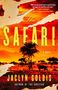 „The Safari“, „A Novel“, „Jaclyn Goldis“. Roter Himmel, Bäume und ein Löwe in einer afrikanischen Landschaft., Buch