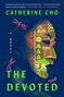 Text: "Catherine Cho", "A Novel", "The Devoted". Gesicht mit Neonlichtern und Libellen in Rosa., Buch