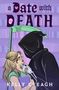 „A Date with Death“ und „Kelly Creagh“ in lila und weiß. Illustration: Frau und Sensenmann in einer Bibliothek., Buch