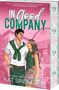 Buchtitel "In Good Company" von Kat Singleton. Illustration eines lächelnden Paares vor einem rosa Gebäude., Buch
