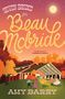 "Seven Brides for Beau McBride" in Seiloptik-Schrift, Abendhimmel, Tanzende Figuren vor einer Scheune, Herbstbäume. Autor: Amy Barry., Buch