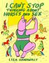Text: "I CAN'T STOP THINKING ABOUT HORSES AND SEX. LISA HANAWALT." Illustration: Cartoonfigur mit Handy, Pferde in Bademode., Buch