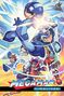 "MEGA MAN TIMELINES" im unteren Bereich. Illustration mehrerer Anime-Charaktere in dynamischen Posen.