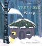 Text: "The Very Long Sleep" und "Polly Noakes". Eine Hütte im Schnee mit einer rauchenden Kamin. Beleuchtetes Fenster.