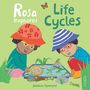 "Rosa explores Life Cycles" steht groß geschrieben; zwei Kinder beobachten Froschlaich in einem Teich., Buch