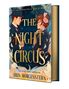 "The Night Circus" von Erin Morgenstern. Illustration mit Mann in Anzug, Frau im Kleid, umgeben von Vögeln und fliegenden Papieren., Buch