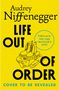 Text: "Audrey Niffenegger - Life Out of Order. Follow up to The Time Traveler's Wife. Cover to be revealed." Gelber Hintergrund., Buch