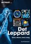"on track... Def Leppard, every album, every song, Scott Robinson." Sänger mit Mikrofon, vier Albumcover von Def Leppard., Buch