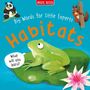 Text: "Big Words for Little Experts: Habitats. What will you learn?" Illustration: Ein Frosch auf einem Blatt mit einem Panda und einem Eichhörnchen.