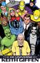 "The DC Universe by Keith Giffen" steht unten. Illustration mit vielen Comicfiguren in bunten Kostümen und ein Mann im Vordergrund., Buch