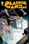 „PLASTIC MAN NO MORE!“ in großen gelben Buchstaben. Eine Comicfigur in rot-schwarzem Anzug verformt sich auf einer Uhr., Buch