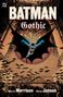 "BATMAN Gothic" steht oben. Batman fliegt durch ein Rundfenster einer Kathedrale, umgeben von Fledermäusen. Retro-Stil., Buch