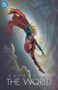 "Supergirl The World". Illustration einer fliegenden Superheldin mit blonden Haaren und rotem Umhang im Himmel.