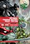 Batman und Ninja Turtles kämpfen in einer Stadt, rotblauer Titel. Oben sind Logos und Namen der Autoren. Comic-Stil., Buch