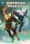 "SUPERMAN FIRST THUNDER SHAZAM! THE DELUXE EDITION" oben. Zwei Helden mit Blitzen, einer in Rot, einer in Blau. DC-Logo links., Buch
