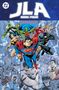 "JLA Book Four" steht oben in großen Lettern, darunter fliegende Superhelden in dynamischen Posen. Comics-Stil., Buch