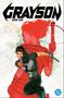 „GRAYSON BOOK ONE“. Illustrative Collage: Ein Mann in Actionpose, zielt mit einer Waffe. Roter Frauenumriss im Hintergrund., Buch