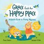 „Grace finds her Happy Place: A Child's Guide to Finding Happiness.“ Illustration: Katze und Kaninchen im Regen, fröhlich spielend.