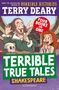 "Terrible True Tales: Shakespeare" von Terry Deary, Illustration von Shakespeare und einem Mädchen in einem Theater.