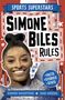 „Sports Superstars“, „Simone Biles Rules“, „Facts Stories Stats“. Simone Biles lächelt, rote und blaue Sterne dekoration.