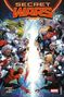 "Secret Wars" in roter Schrift. Comic-Helden stehen sich gegenüber, linke Hälfte: Helden links, rechte Hälfte: Helden rechts.