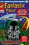 „Fantastic Four: Enter... Doctor Doom!“, „Doomsday!“, Helden fliegen um Doktor Dooms Gesicht im Weltraum. Comic-Stil., Buch