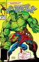 Text: "Is the Incredible Hulk teaming up with the Amazing Spider-Man? Nope! Ol’ Greenskin’s about to pound him into jelly!!!" 

Illustration: Hulk steht bedrohlich über Spiderman, der sein Gesicht mit den Händen schützt., Buch