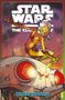 "Star Wars The Clone Wars Crash Course." Eine Figur mit Lichtschwert auf einem futuristischen Gefährt. Comic-Stil., Buch