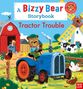 Ein Bär fährt auf einem blauen Traktor. Tiere umgeben ihn auf einem Bauernhof. "Bizzy Bear Tractor Trouble" steht oben.