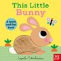 „This Little Bunny“ in Grün und Rosa. Illustration eines Hasen mit Felltextur, eine Karotte, und ein Schmetterling., Buch