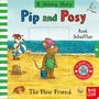"Pip and Posy: The New Friend" von Axel Scheffler. Illustration von einem Strand, mit Tieren, Sandburg und Strandball., Buch