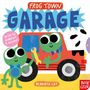 Bunte Illustration: "Frog Town Garage" in großen Buchstaben, zwei fröhliche grüne Frösche mit Schleifen vor einem roten Auto., Buch