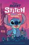 Text: "Agent Stitch: The Trouble with Toothoids". Illustration von Stitch vor einer Stadtsilhouette, Freiheitsstatue im Hintergrund., Buch