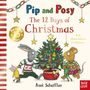 Text: "Pip and Posy: The 12 Days of Christmas", "15 Years", "With shiny foil on every page!", "Axel Scheffler". Illustration: Hase und Maus schmücken Weihnachtsbaum., Buch