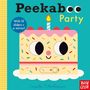 „Peekaboo Party“ Text mit Versprechen von 10 Schiebereglern und Spiegel. Illustration eines lachenden Kuchens mit Kerze., Buch